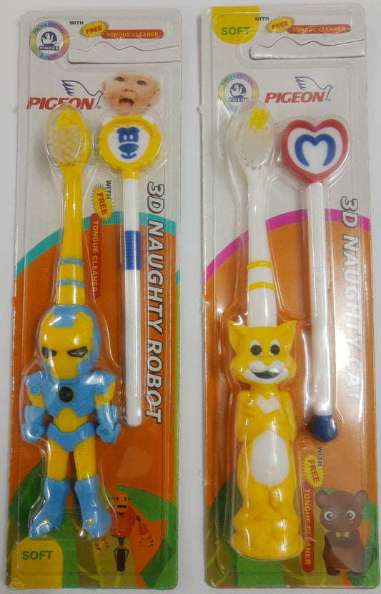 Soft Bristle Kids Toothbrush with tongue cleaner (pack of 12: 6 Cat+ 6 Robot)